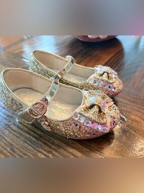 Girls' Gold Glitter Bow Mary Jane Heels - Kids Shoes Sz 10 dressy formal